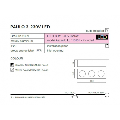 PAULO 3 230V LAMPA NATYNKOWA GM4301-230 CZARNA/ALUMINIUM AZZARDO