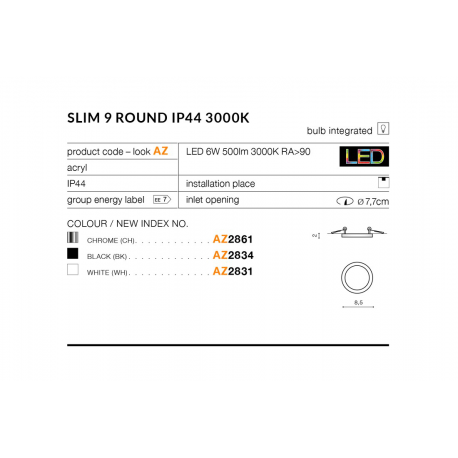 SLIM 9 ROUND 3000K BLACK IP44 AZ2834 LAMPA SUFITOWA PLAFON LED AZZARDO