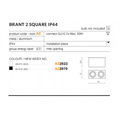 BRANT 2 SQUARE IP44 AZ2879 LAMPA NATYNKOWA CZARNA AZZARDO